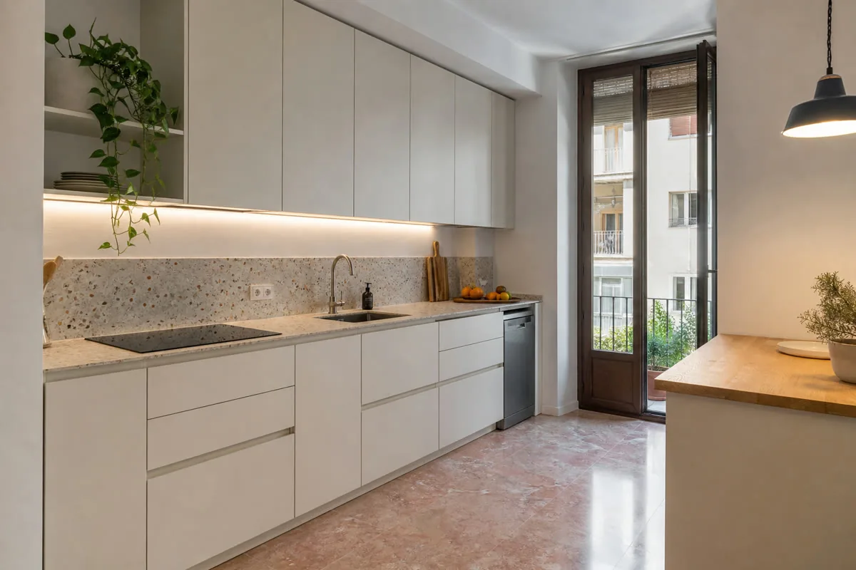 Cocina a medida de madera clara para una vivienda en España