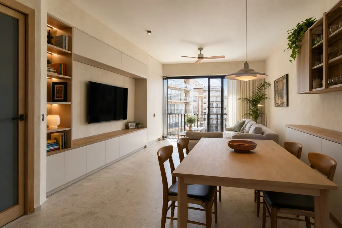 Mueble de salón a medida coordinado con el comedor